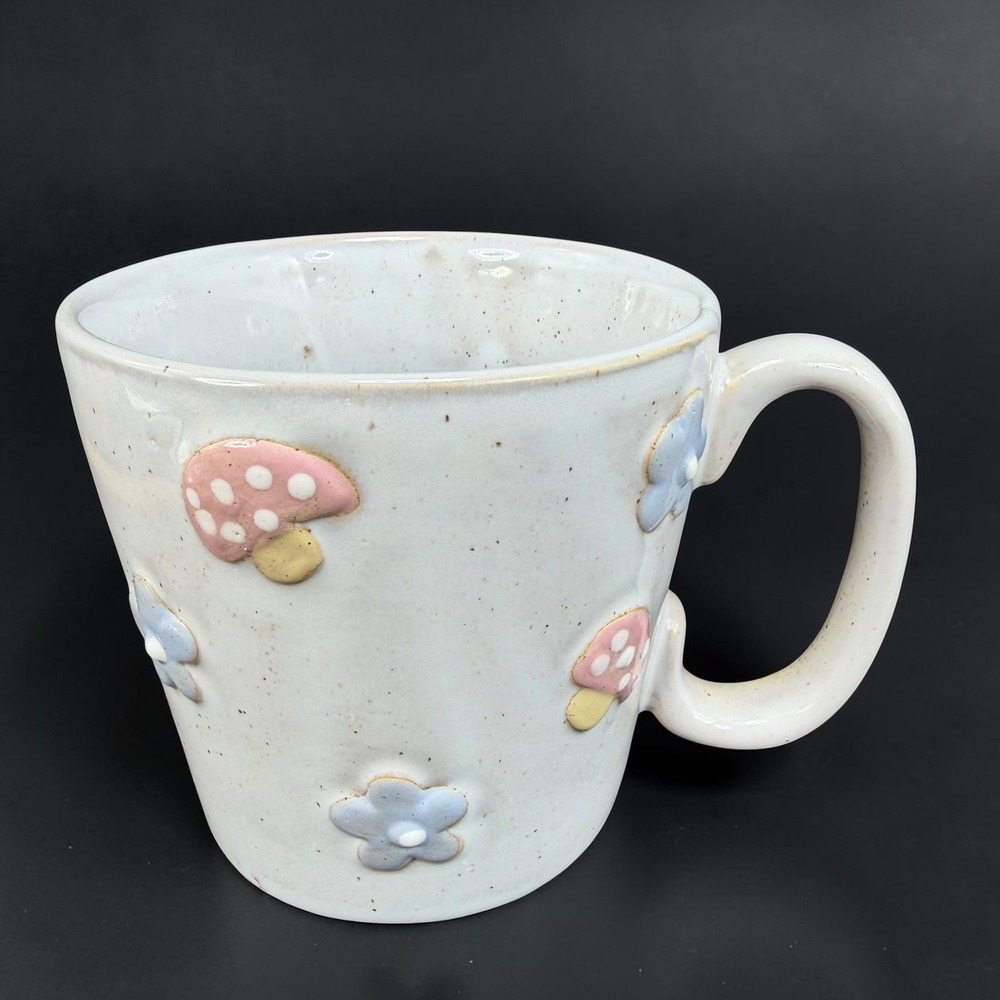 Sunday Morning Ceramics Speckled Mushroom Flower 3D Embossed Coffee Mug White